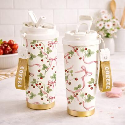 mikenda 1 bình nước giữ nhiệt bằng thép không gỉ 18oz in hình nơ dâu tây, có nắp và dây đeo, chống rò rỉ, kiểu dáng dễ thương, giữ nóng/lạnh trong 24/12 giờ, quà tặng mùa hè.