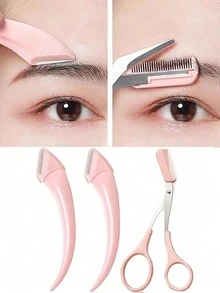 1/2pcs Eyebrow Trimmer Set Stainless Steel Curved Eyebrow Scissors With Comb, Beauty Tool For Beginners Suitable For Any Skin Type Hair Removal Accessories For Men Women , Barber Salon Beauty Travel Essentials,Bathroom Accessories - Pink - View 1