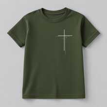 Children's And Youth T-Shirt With Cross And Christian Lines, 100% Premium Cotton, Personalized Unisex Printed Blouse/Shirt - 軍綠色 - 查看 3