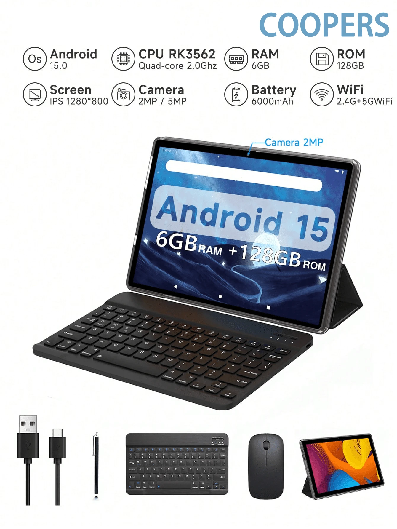 Coopers 2025 Newest 2-In-1 Tablet 10 Inch, Android 15 System, 6GB RAM 128GB ROM/RK3562 Quad-Core 2.0GHz Processor, 2.4G+5G Dual-Band WIFI, Bluetooth 5.0, 2MP+5MP Dual Camera, 6000mAh Large Battery, With Keyboard Mouse Stylus Protective Case (Adapter Not Included) - Black - View 1