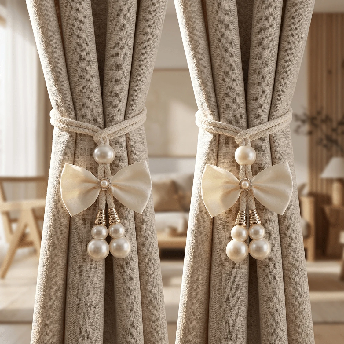 1pc/2pcs Set Handmade Bow & Pearl Decor Curtain Tie Backs, Suitable For Living Room, Bedroom, Kids Room And Country Style Home Decor - Multicolor - View 1