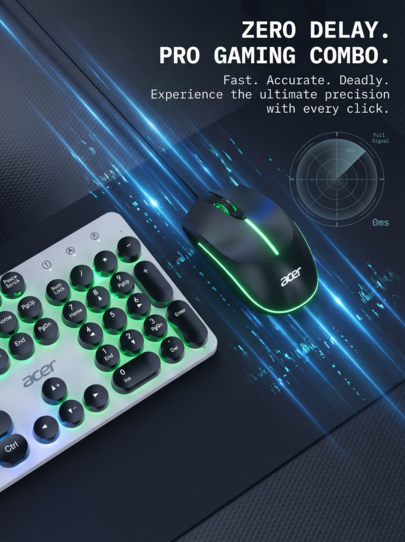 Acer Wired Punk Keyboard And Mouse Combo – Breathing Lighting Effect, Mechanical Feel – Round Keycaps, 26-Key Rollover – Illuminated Version For PCs/Laptops – Desktop Aesthetics, Essential For Gaming And Office Use