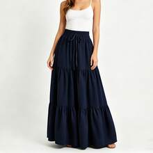 Women's High Waist Maxi Skirt Tiered Flowy Long Skirt With Drawstring Casual A Line Skirt For Daily Wear - 粉紅色 - 查看 3