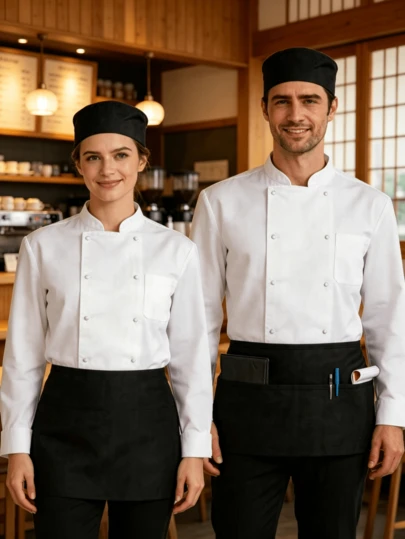 Bộ mũ và tạp dề đầu bếp unisex (1/2 chiếc), có thể giặt máy, chất liệu chuyên nghiệp, kèm tạp dề 3 túi, đồng phục phục vụ tái sử dụng, bền chắc cho nhân viên nhà bếp, khách sạn, nhà hàng và dịch vụ ăn uống.