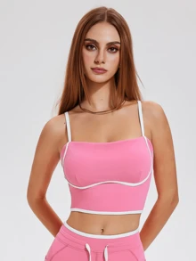 ZULIZ 撞色包边两件套，方领吊带露脐上衣和抽绳腰带紧身裤，女士休闲运动套装 - 粉色 - 查看 3