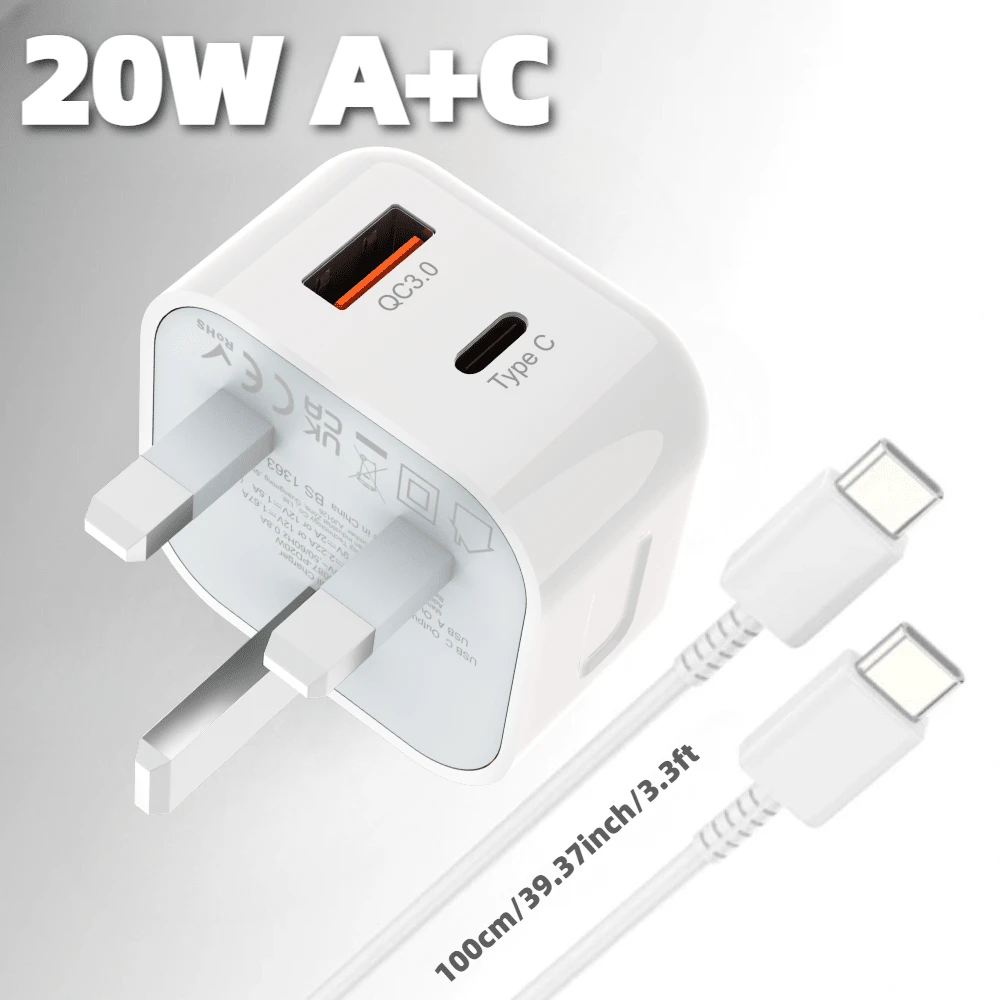 适用于 17/16/15 的充电器，20W USB-C + USB-A 双端口快充，配备 1 米 USB-C 充电线，适用于 17/17 Pro/17 Pro Max/Air/16/15 Pro Max，USB-C 英国电源适配器 - 查看 1