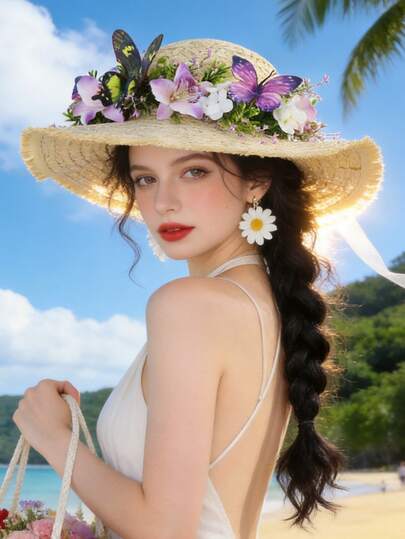 Vacation Floral Straw Hat, Wide Brim Frayed Edge Sun Hat For Women, Cute Beach Hat For Travel Photoshoot