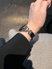 1条竹纹亮面真皮表带，适用于小米手环8 Pro/9 Pro、小米手环3/4/5/6/7、8/8 NFC/9/9 NFC/10/10 NFC、Watch4/Watch5，夏日度假风 - 黑色 - 查看 6