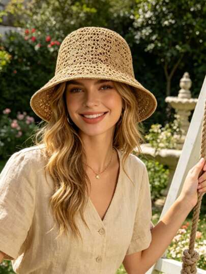 1pc Women's Summer Sun Protection Beach Hat, Bohemian Style, Suitable For Pairing With Dresses And Traveling,Vacation