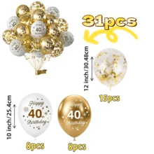 31件組生日慶祝氣球套裝，白色與金色年齡印花氣球，鋁箔氣球，適用於18歲、30歲、40歲、50歲、60歲、70歲生日慶祝派對，生日派對拍照道具，週年紀念裝飾 - 31pcs白金 - 查看 10
