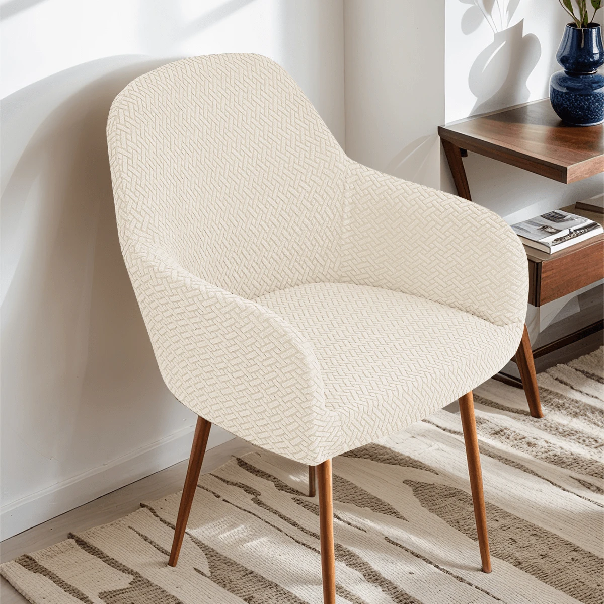 1pc Beige Jacquard High Back Elastic Chair Cover, Universal Office Dining Chair Protector, Removable & Washable, Suitable For Kitchen, Wedding, Party, Banquet, Hotel, Essential Home Decor For Spring & Summer - Beige - View 1