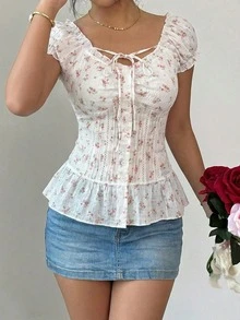 女士碎花系带荷叶边下摆休闲上衣 - 杏色 - 查看 9