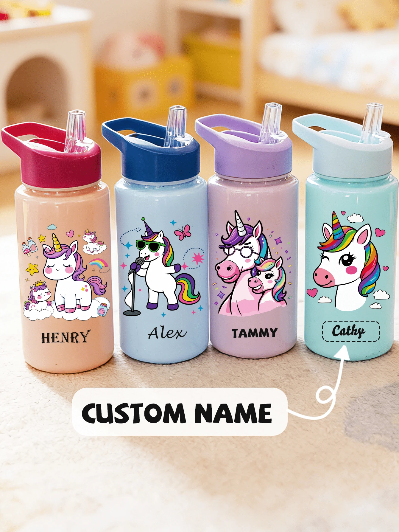 Customizable Name 500ml Kids Water Bottle With Straw Cartoon Unicorn Pattern For Girls Boys Back To School Leak-Proof Outdoor Sports Water Bottle - Multicolor - View 1