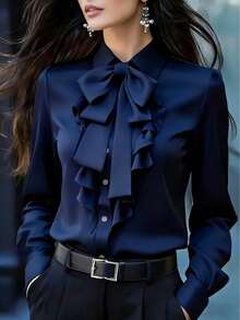 Women's Thick Elegant Ruffle Bow Tie Long Sleeve Blouse, Solid Color Front Button Design, Suitable For Work And Casual Wear, Autumn/Winter Spring - Royal Blue - View 2