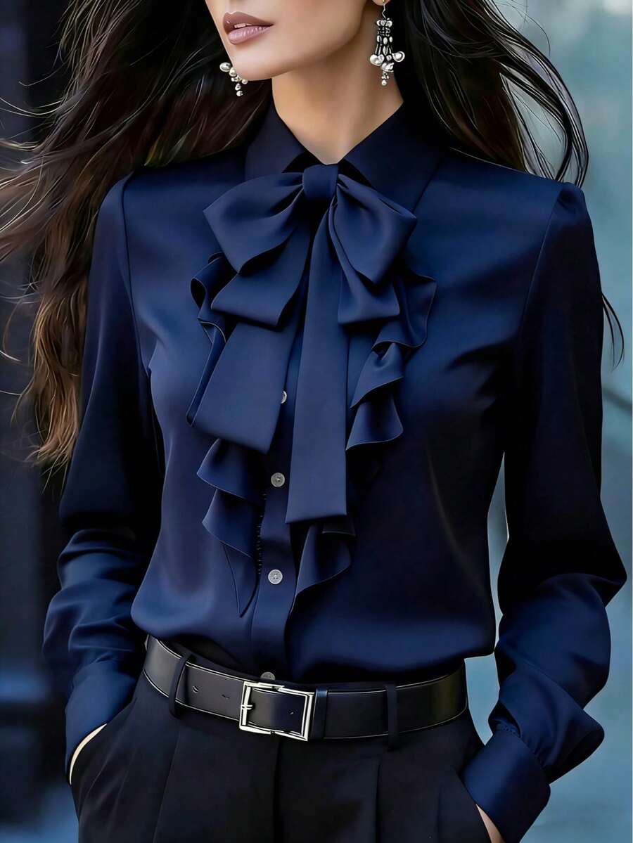 Women's Thick Elegant Ruffle Bow Tie Long Sleeve Blouse, Solid Color Front Button Design, Suitable For Work And Casual Wear, Autumn/Winter Spring