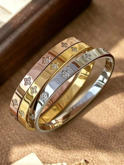 3/1 pièce Nouveau bracelet en acier inoxydable de haute qualité avec fleur en zircone, disponible en or rose, or et argent. Peut être empilé ou porté individuellement, incrusté de zircone cubique 3D. Imperméable et résistant à la décoloration, convient pour un port quotidien, les fêtes et les dîners, un cadeau parfait pour les amies. Ensemble de bijoux vintage élégant empilable pour un port quotidien, les cadeaux et les fêtes