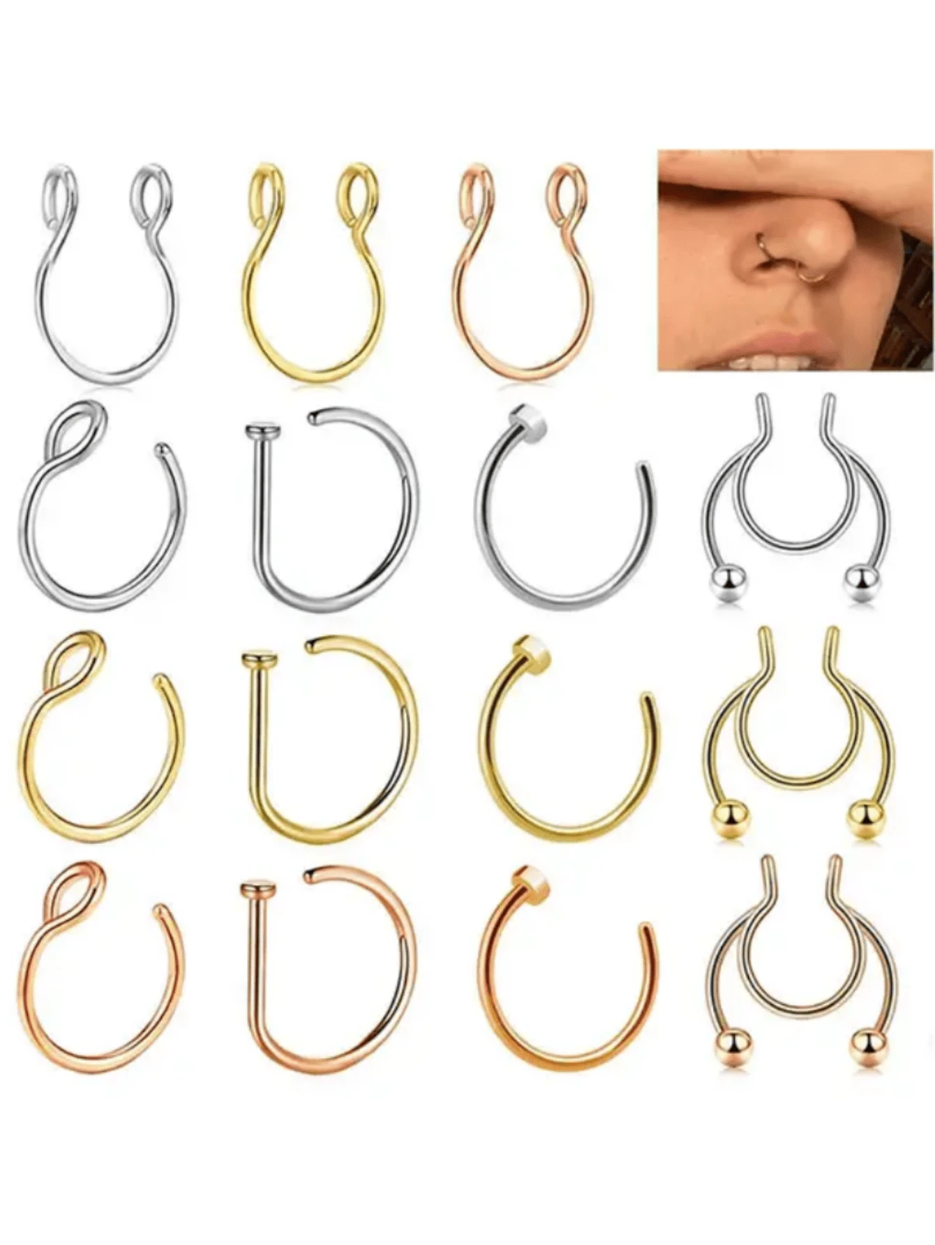 8件套不锈钢鼻环套装 - 低过敏性C形鼻中隔环，多用途鼻唇眉软骨穿孔饰品，男女皆宜，夏季节日 - 彩色 - 查看 1