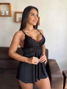 Women's Nightgown Without Padded Sensual Short Plain Luxury With Lace Details - Short Pajamas For Women Adult Sexy Lace Lingerie Honeymoon Night Line Nightdress Lace Nightwear Comfortable Lingerie Valentine's Day - màu đen - Xem 2