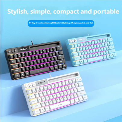 AULA F3061 Mechanical Feeling Keyboard, 64 Keys, RGB Backlight, Wired Mini Keyboard Suitable For Laptop, Portable Mouse Keyboard, Original AULA Gaming Keyboard