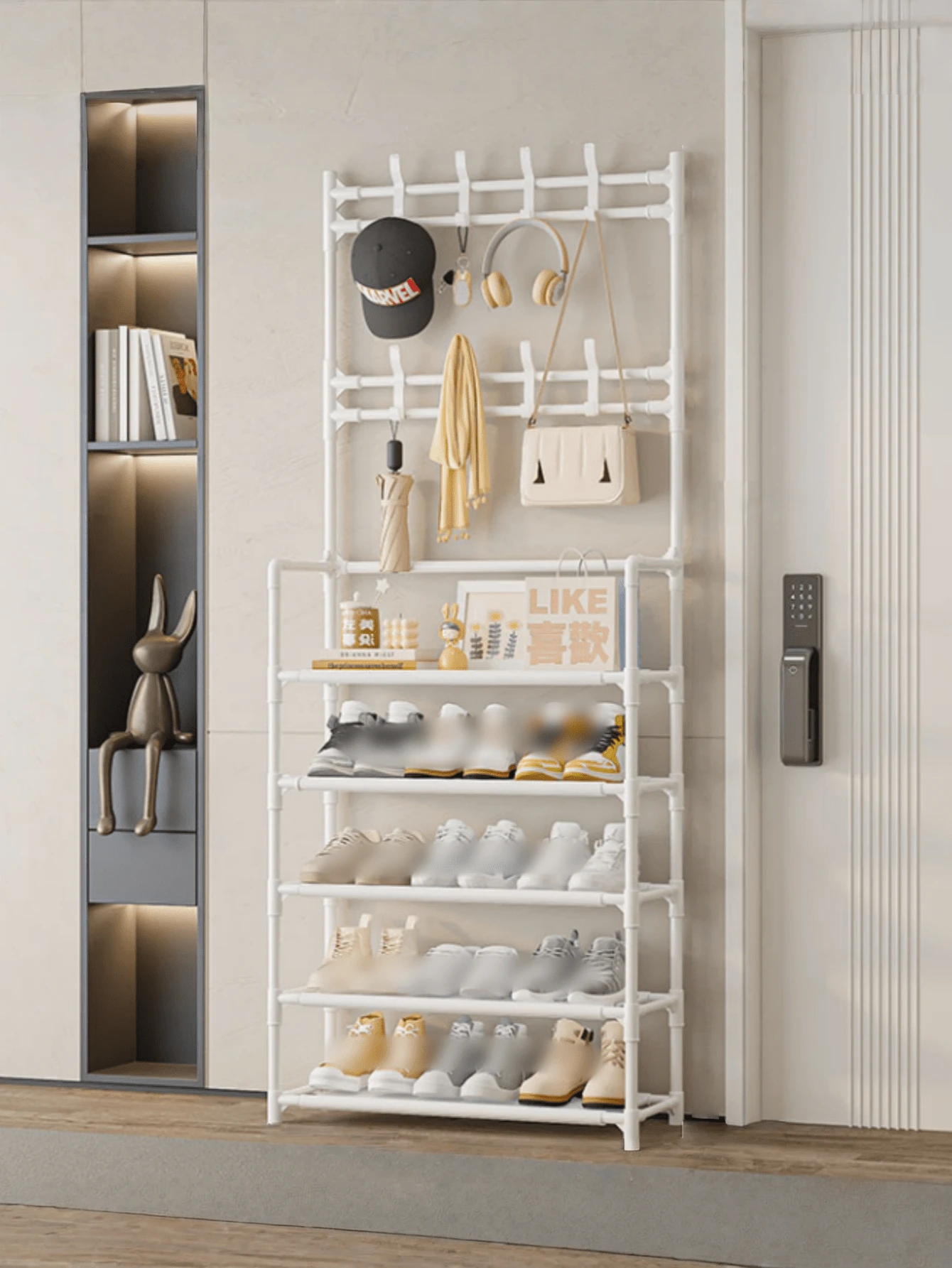 一套 23.62 英寸 x 11.02 英寸 x 66.92 英寸 多层大容量金属鞋架，带挂钩，现代简约开放式储物架，黑色，节省空间，易于组装，结构坚固，玄关收纳架 - 彩色 - 查看 1