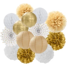 Platinum-Color Party Decorations - Paper Flower Balls, Paper Lanterns, Hanging Paper Fans, Honeycomb Decor For Christmas, Wedding, Engagement, Bachelor/Bachelorette Party, Birthday, Baby Shower - Platinum Lantern Set - View 1