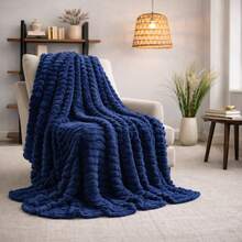 GOLDCASA Double Bed Blanket With Ribbed Relief, 200 X 180 Cm, Various Colors, Hypoallergenic - Navy Blue - View 2
