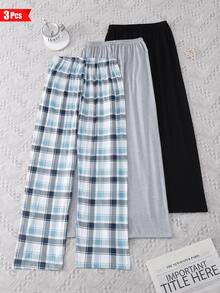 [Plaid Print Pajama Pants] 3-Pack Plaid Print Pajama Pants - Comfortable Elastic Waistband With Drawstring, Casual Long Lounge Pants For Home Relaxation - 混合色 - 查看 3