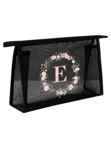 Sac cosmétique en maille noire, sac organisateur de maquillage en maille transparente avec motif floral rose et lettres, sac de voyage multifonctionnel portable, sac organisateur de chargeur, sac organisateur de rouge à lèvres et de soins de la peau, sac organisateur de toilette pour la natation et la maison, sac de toilette de voyage, sac organisateur de maquillage, essentiel pour les vacances à la plage, les fournitures scolaires, les essentiels de voyage, le dortoir universitaire et la salle de bain pour la rentrée scolaire - Multicolore - Voir 16