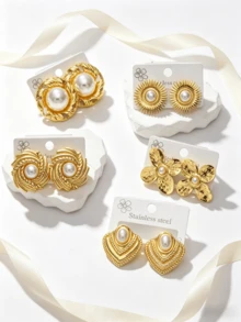 OBOVAY Bộ 12 đôi bông tai đính ngọc trai mạ vàng bằng thép không gỉ 304, không gây dị ứng, kiểu dáng hình học cổ điển, trang sức thời trang nổi bật, phù hợp cho phụ nữ đeo hàng ngày, dự tiệc, đám cưới, du lịch, quà tặng ngày Valentine. - Vàng - Xem 8