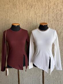 Asymmetrical Ribana Long Sleeve Blouse - Blanco - Ver 5
