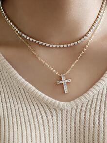 Set de 2 collares con colgante de cruz incrustado de circonita y cadena de cristal, adecuado para uso diario, citas, festivales de música, eventos religiosos, fiestas y superposición de collares de mujer - Amarillo Oro - Ver 1