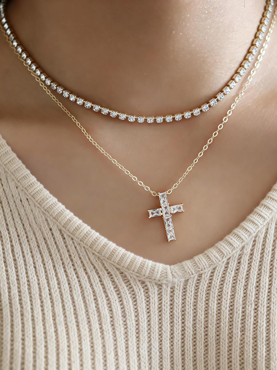 Set de 2 collares con colgante de cruz incrustado de circonita y cadena de cristal, adecuado para uso diario, citas, festivales de música, eventos religiosos, fiestas y superposición de collares de mujer - Amarillo Oro - Ver 1