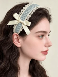 1 chiếc băng đô vải kiểu Pháp cổ điển, viền ren kẻ caro xanh trắng, có nơ, thích hợp cho mùa xuân/hè, kiểu dáng cao, tôn dáng và đa năng. - Nhiều màu - Xem 3