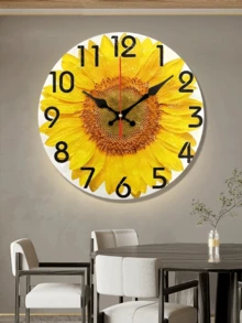 1 Pc 10 Inch/12 Inch Battery-Powered Round Wooden Sunflower Silent Wall Clock For Home Decor, AA Battery Not Included - 1PC - View 2