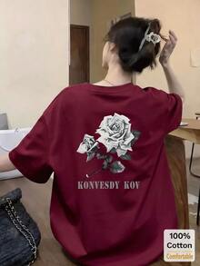 Rose Print Short Sleeve Mid-Length T-Shirt, Fashionable Casual Top For Women Summer - Burgundy - View 1