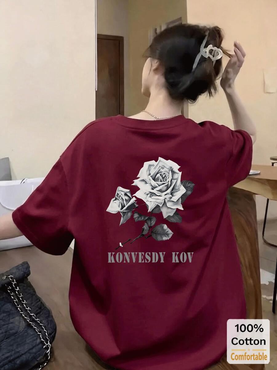 Rose Print Short Sleeve Mid-Length T-Shirt, Fashionable Casual Top For Women Summer - Burgundy - View 1