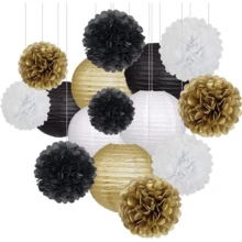 15pcs Black & Gold Party Decorations, Black & Gold Paper Lanterns And Pom Pom Flowers, Suitable For Birthday Party, Graduation Ceremony, New Year Party Decor - Black, Gold and White Lantern Set - View 2