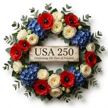 1个,17.72英寸美国250周年纪念爱国花环 - 红白蓝三色花环,带木质标牌,适用于前门、墙壁、门廊装饰 - 庆祝250年自由 - 彩色 - 查看 12