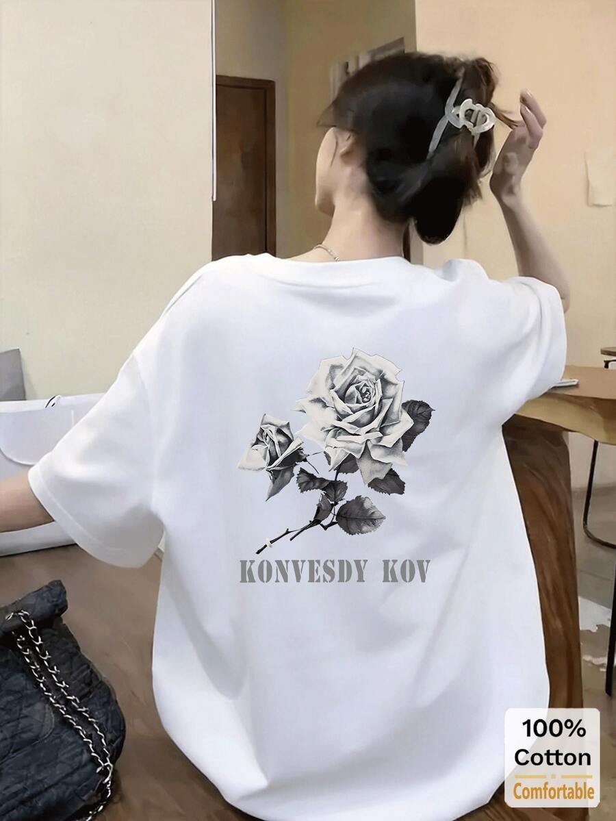 玫瑰印花短袖中长款T恤,时尚休闲女式上衣,白色夏季款 - 白色 - 查看 1