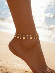 1pc Fashionable Minimalist Round Disc Glass Rhinestone Tassel Anklet, Suitable For Daily, Beach, Holiday Wear, Birthday, Holiday Gift - Gold - View 2