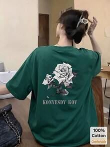 玫瑰印花短袖中長版T恤，時尚休閒女款夏季上衣 - 墨綠色 - 查看 1