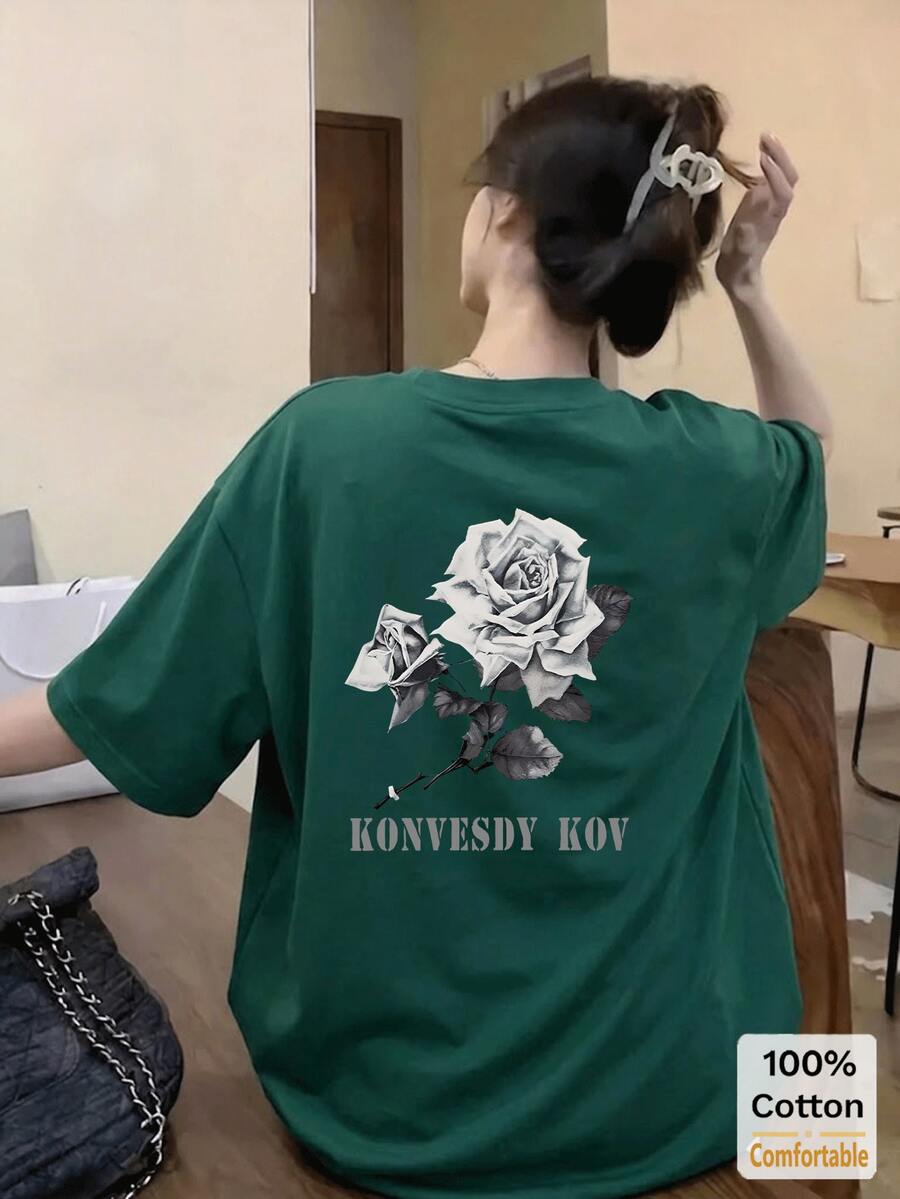 玫瑰印花短袖中長版T恤,時尚休閒女款夏季上衣 - 墨綠色 - 查看 1