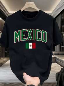 Camiseta de manga corta con cuello redondo, diseño simple y casual con texto "MÉXICO" y estampado de la bandera nacional, estilo retro moderno  hombre, apta  todas las estaciones, color negr - Negro - Ver 5