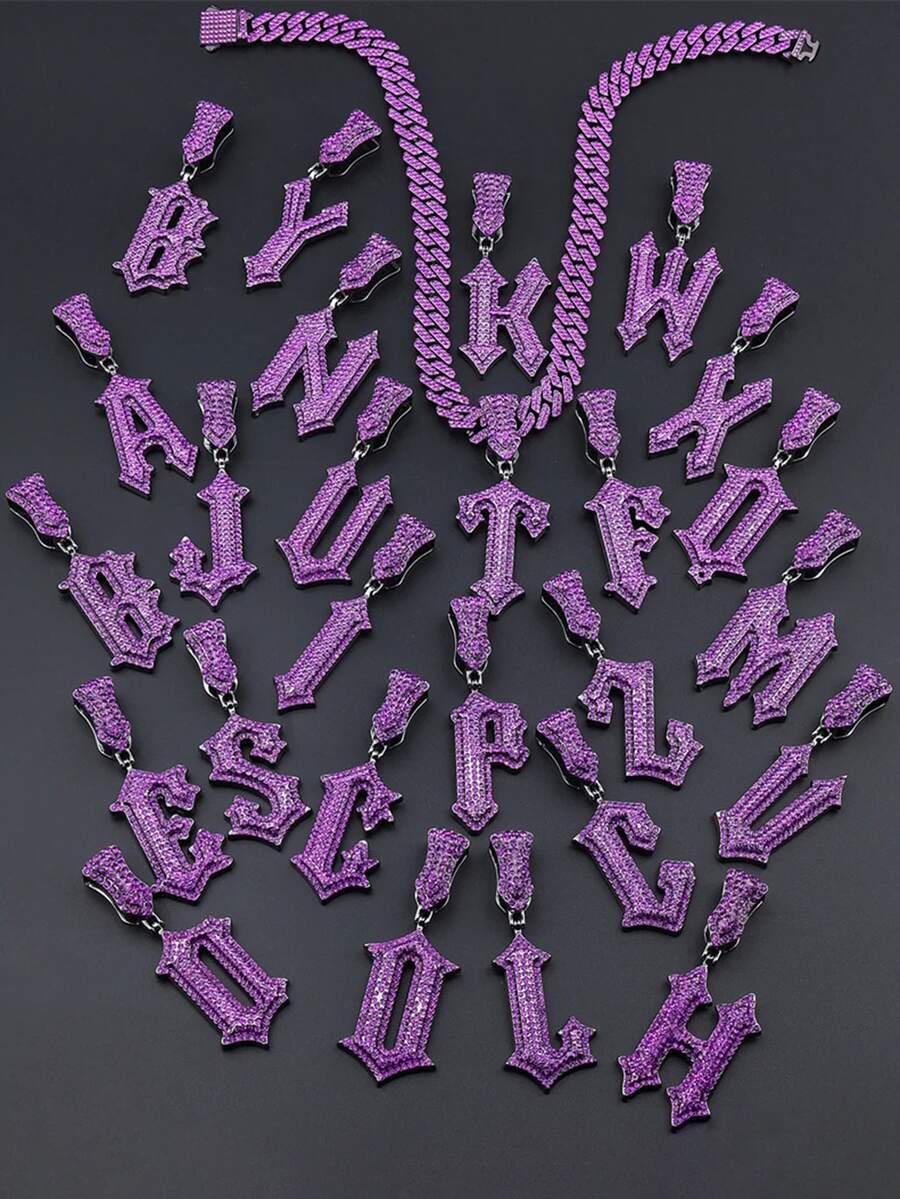 Dây chuyền chữ cái màu tím đính đá - Mặt dây chuyền chữ cái đầu tên tùy chỉnh với dây chuyền kiểu , trang sức hip hop dành cho nam giới. - Dây chuyền chữ Hip Hop - Xem 1
