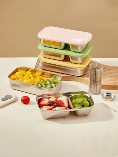 600ml Portable 304 Stainless Steel Bento Box, Leak-Proof Fruit Salad Lunch Box, Heat & Cold Resistant Food Storage Container, Meal Prep Box, Large Capacity Lunch Box, Suitable For Fridge & Microwave, For Students & Adults At School, Office, Outdoor Camping, Picnic, Travel, Back To School