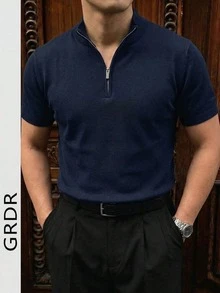 Men's Summer Half-Zip Solid Color Knit Polo Shirt, Suitable For Summer Outings, Essential For Fashionable Styling - Navy Blue - View 4