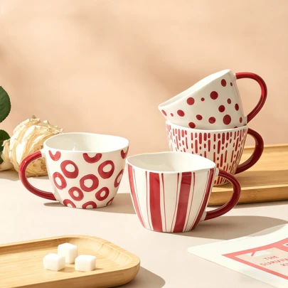 Underglaze Hand-Painted Red Polka Dot & Striped Ceramic Cup, Minimalist Style Couple Mugs, Breakfast Cup, Tea Cup, Water Cup