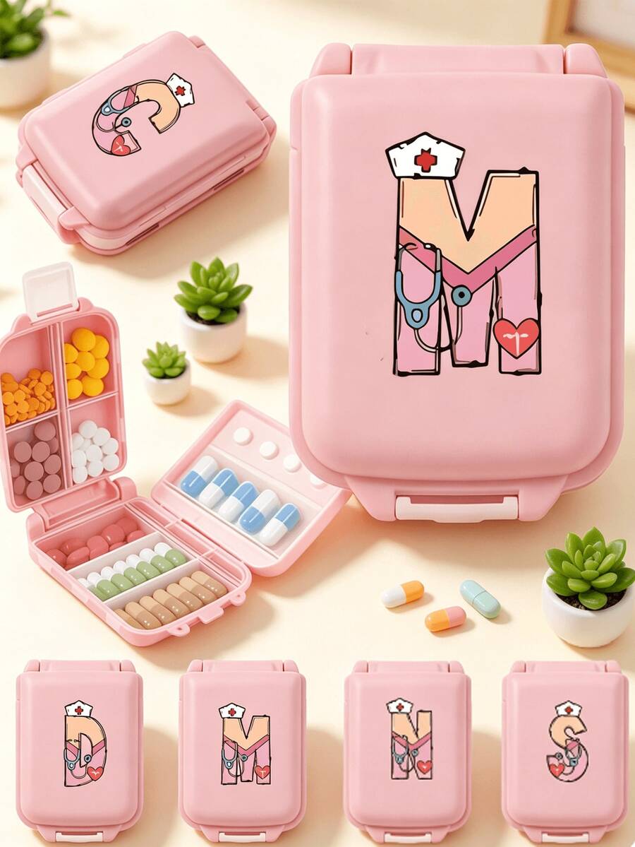 1pc Pink Foldable Pill Box - Portable 8 Compartments Moisture-Proof 3 Layers Large Capacity, Cute Nurse Theme Design Mini Travel Medicine Storage, Daily Vitamins/Travel Pill Organizer (Gift For Mom/Her/Girlfriend) Medicine Bag First Aid Bag Medicine Organizer Pill Case Pill Organiser Pill Container For Home For Outdoor Cruise Essentials Travel Essential - Multicolor - View 1
