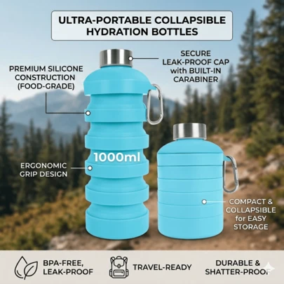 TONSSIDA 1000ml Collapsible Silicone Water Bottle With Carabiner, Foldable Travel Water Bottle, Leak-Proof Portable Water Cup For Hiking, Camping, Sports, Outdoor