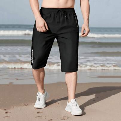 Men's Summer Drawstring Waist Zipper Pocket Casual Sports Running 3/4 Length Shorts Black
